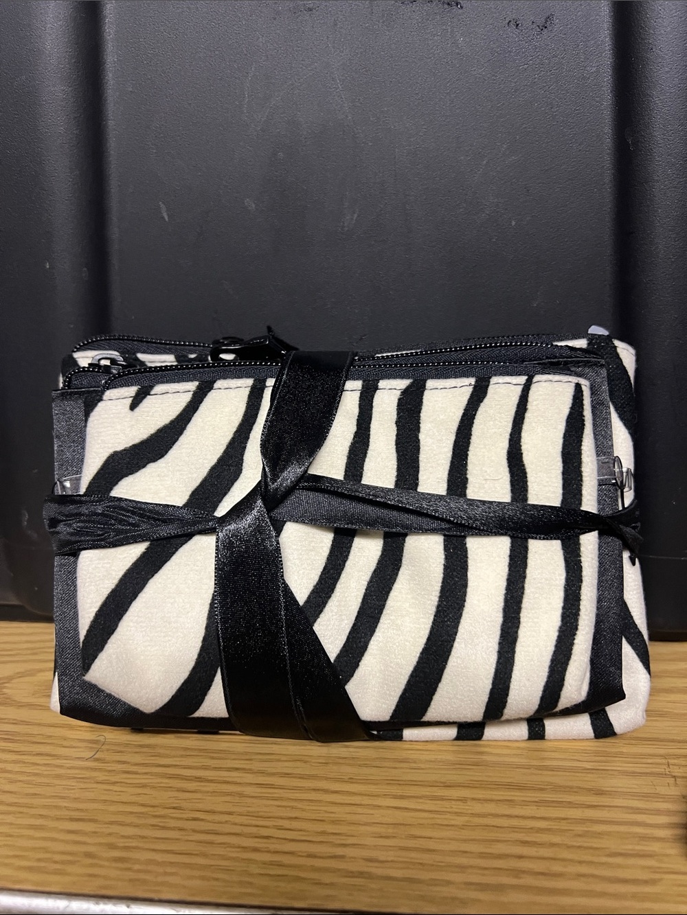 Zebra Print Black & White Cosmetic Pouch with Ribbon Accent set of 3